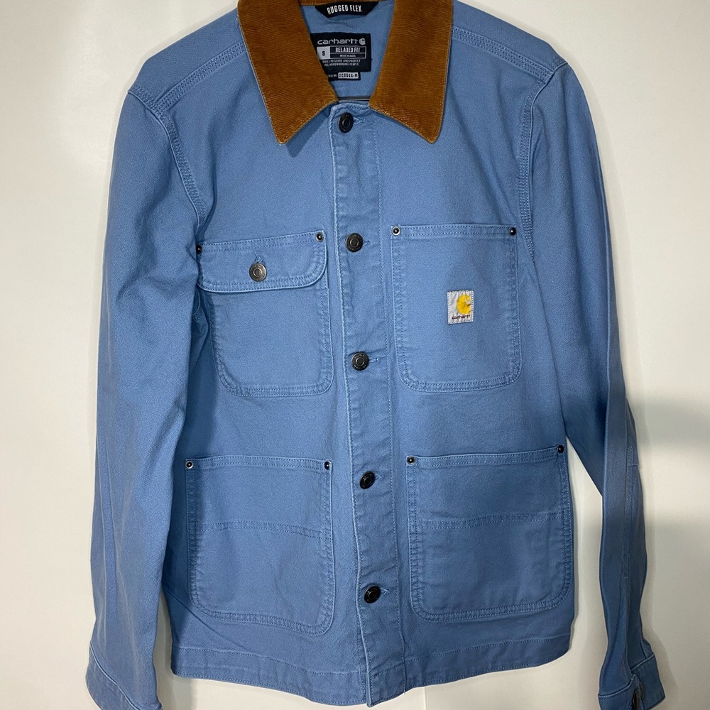 Carhartt Mens Blue Jacket with Brown Collar